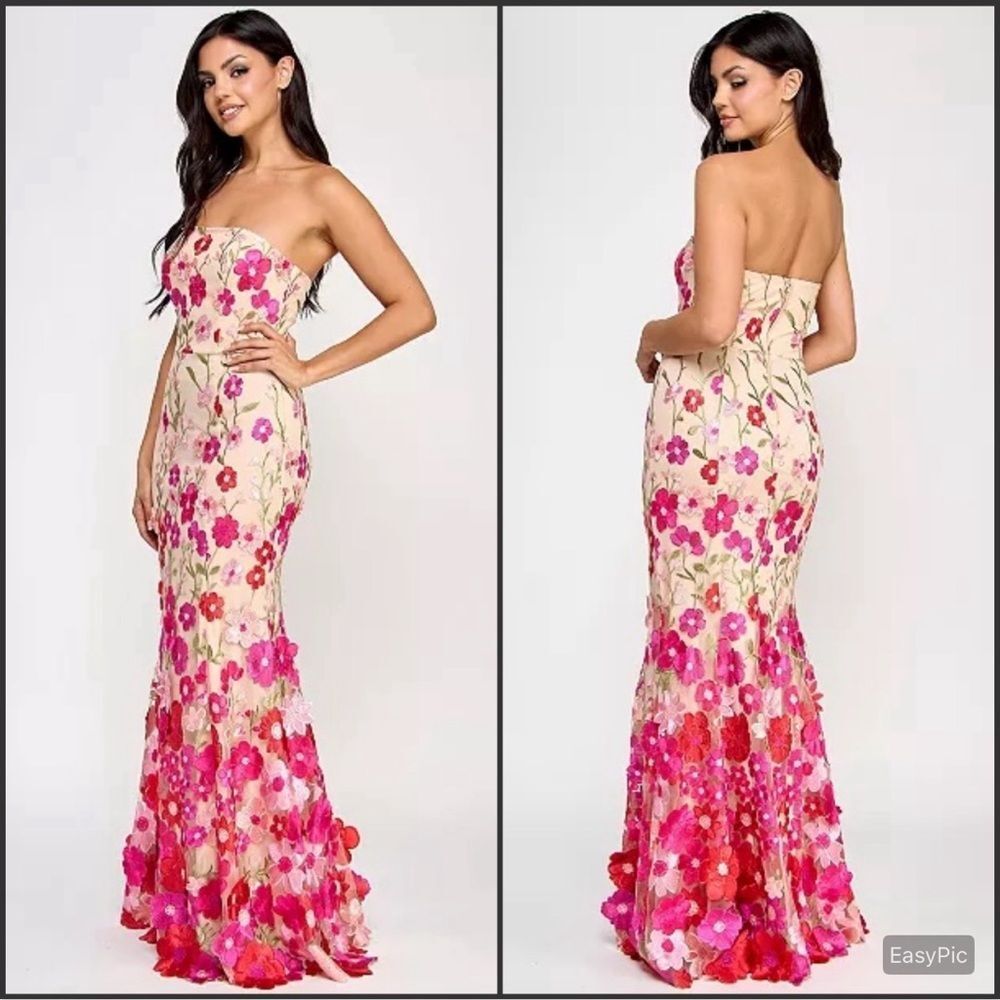 NWT Embroidered 3D Strapless Floral Dress Gown Pink Multi